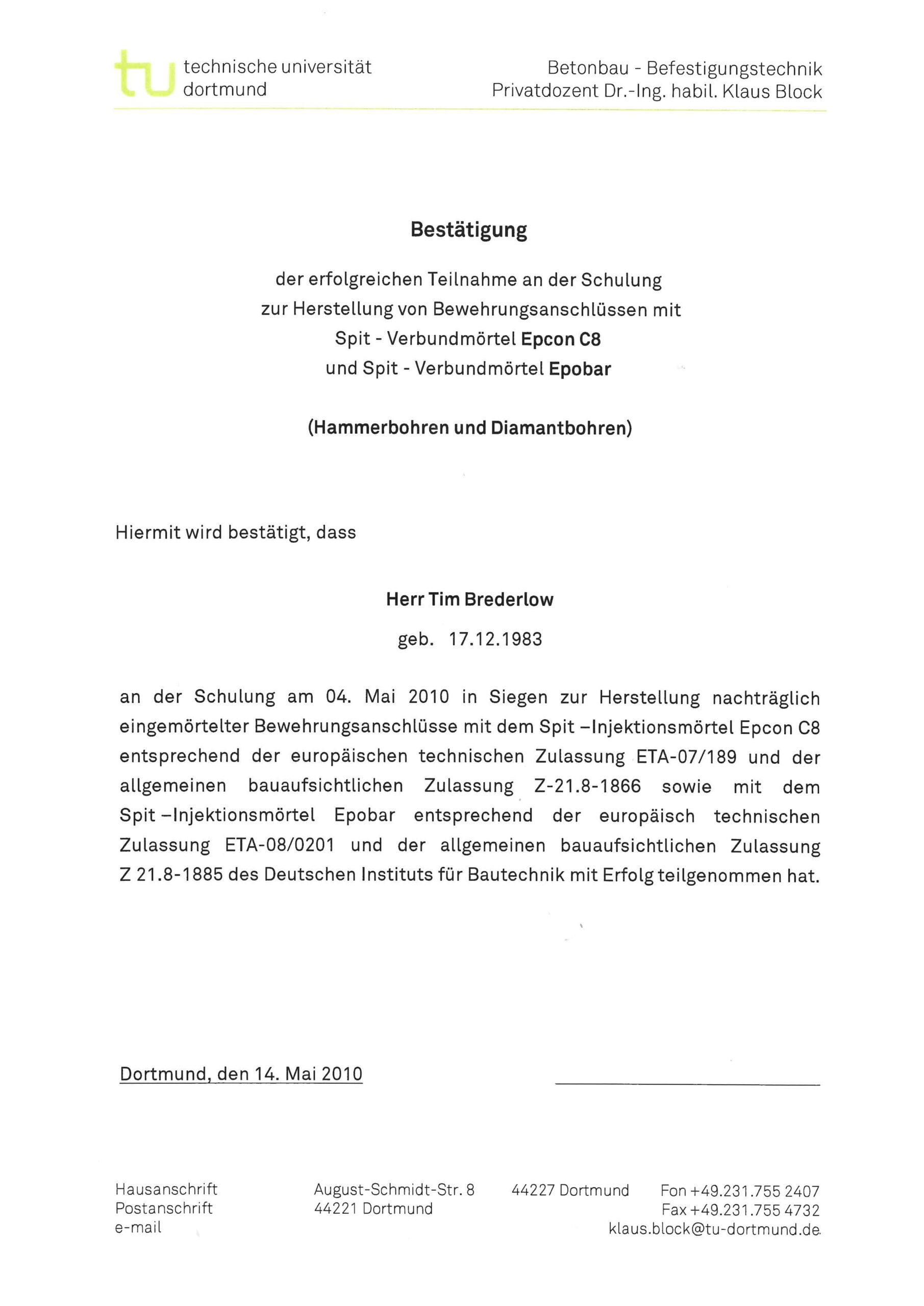 Bestätigung Schulung