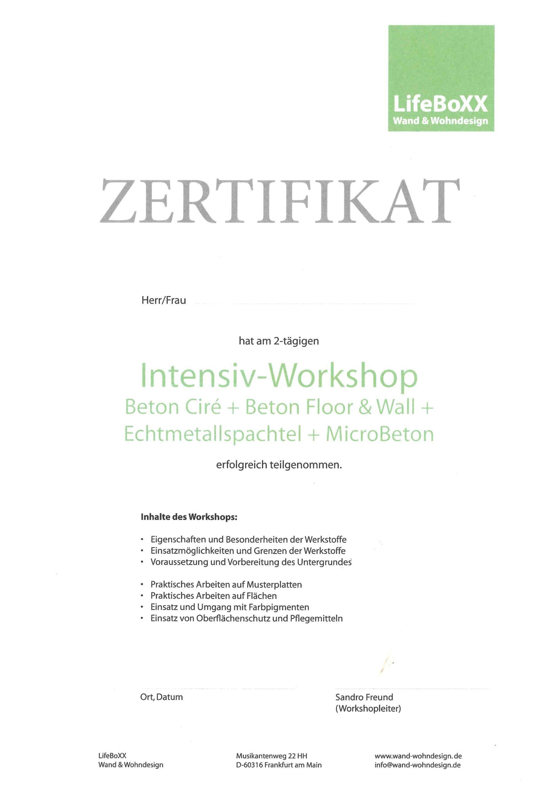 Zertifikat Intensiv-Workshop