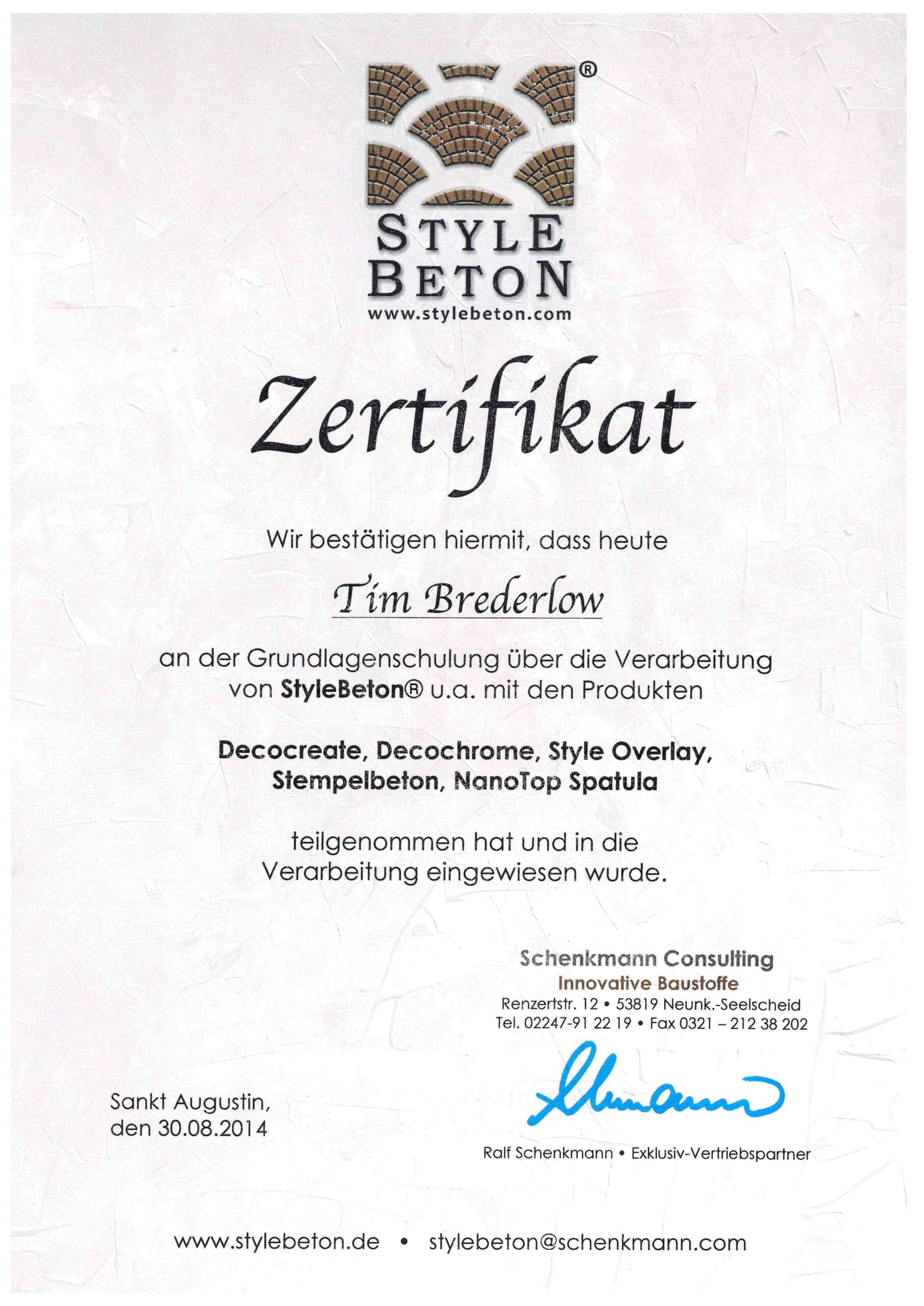 Zertifikat StyleBeton